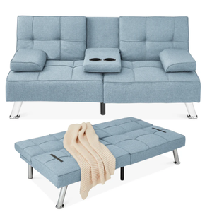 lot 246 image: Linen Upholstered Convertible Sofa Bed Futon w 2 Cupholders (Light Blue)