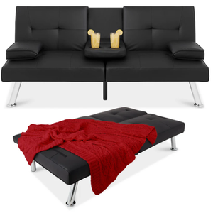lot 245 image: Faux Leather Upholstered Convertible Sofa Bed Futon w 2 Cupholders (Black)