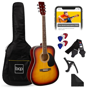 lot 93 image: 41in Acoustic Guitar Starter Kit w Digital Tuner, Padded Case, Picks, Strap (Sunburst)