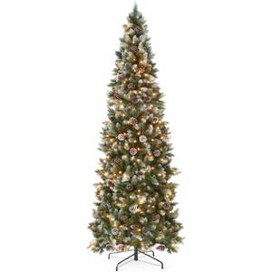 lot 96 image: 6ft Pre-Lit Partially Flocked Pencil Christmas Tree w Pine Cones, Metal Stand