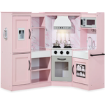 Pretend Play Corner Kitchen Wooden Toy Set for Kids w/ Lights, Sounds (Pink)