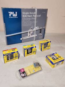 lot 48 image: New in Box Kitchen Faucet with Plumbing Supplies