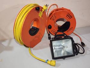 lot 113 image: (2) Contractor Extension Cords on Reels and Shop Light