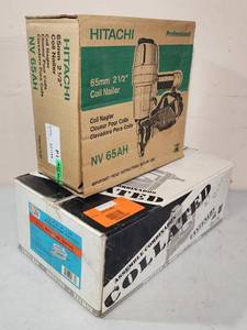 lot 172 image: Hitachi Pneumatic 2-12 Industrial Roofing Coil Nailer with Box of Nails