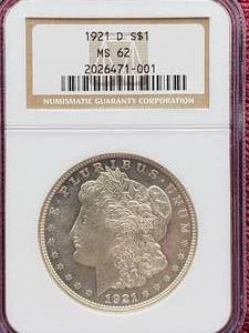 lot 12 image: 1921-D Morgan Silver Dollar NGC MS62