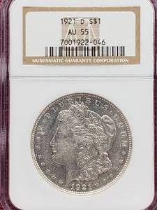 lot 13 image: 1921-D Morgan Silver Dollar NGC AU55