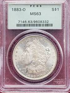 lot 14 image: 1883-O Morgan Silver Dollar MS63 in Vintage Green Label PCGS