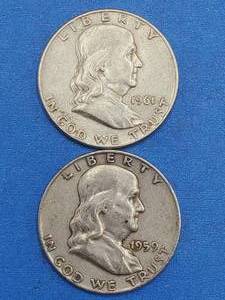 lot 89 image: 2 Franklin Half Dollars--90% Silver