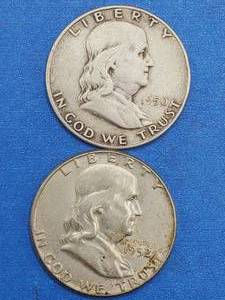 lot 91 image: 2 Franklin Half Dollars--90% Silver