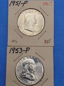 lot 100 image: 2 BU Franklin Half Dollar--90% Silver