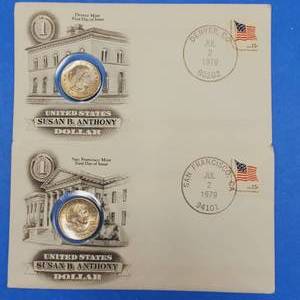lot 150 image: 1979 D&S Susan B. Anthony Dollar Coins in Date Post Marked Envelopes from the two Mints