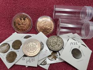 lot 154 image: Mixed Lot-see descrip--includes 1932-D Lincoln Cent, Copper Rounds, etc.