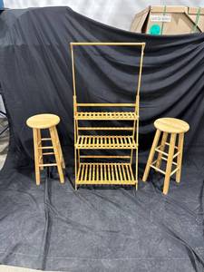 lot 0930 image: Wooden Shelf and Stool Set