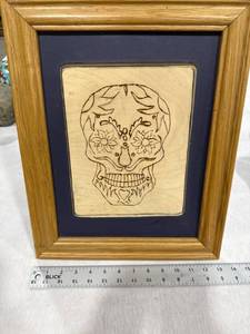 lot 0980 image: Framed Wooden Sugar Skull Art