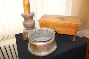lot 3 image: Antique Copper Cauldron, Wooden Candle Holder, and Primitive Wooden Stool Set