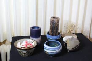 lot 7 image: Ceramic Bowls and Candle Holders Collection with Candles and Sea Shells