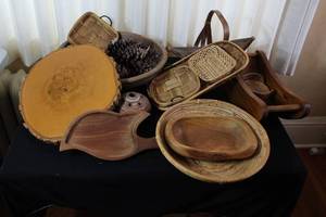 lot 8 image: Collection of Vintage Wood and Woven Baskets, Bowls, and Trays