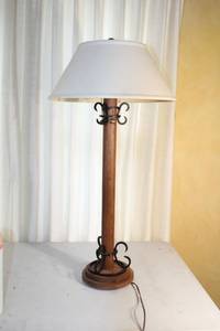 lot 20 image: Wood and Wrought Iron Table Lamp with Fabric Shade