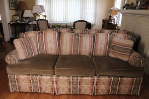 lot 22 image: Upholstered 3-Seat Sofa with Striped Pattern and Multiple Cushions
