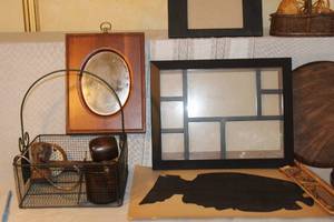 lot 25 image: Vintage Home Decor Lot with Framed Art, Wood Trays, and Carved Candle Holder