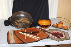 lot 26 image: Japanese-Style Ceramic Dinnerware and Tableware Set with Chopsticks and Bamboo Mats