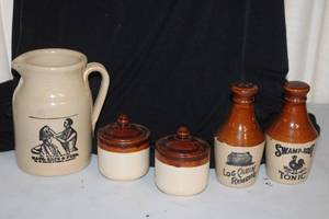 lot 28 image: Collection of 5 Vintage Stoneware Jars, Pitcher, and Remedy Bottles