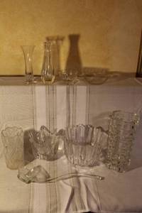 lot 34 image: Collection of 8 Assorted Vintage Glass Vases, Bowls, and Ladle