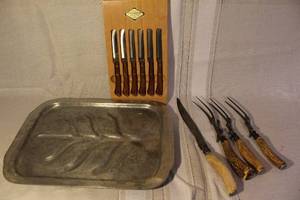 lot 39 image: Vintage Carving Set with Stag Handles, Meat Tray, and Solingen Steak Knives