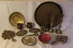 lot 41 image: Collection of Vintage Brass Home Decor and Candle Holders