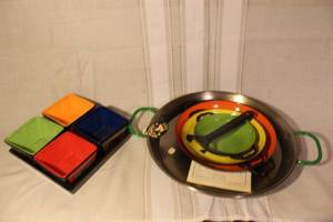 lot 49 image: Paella Pan Set with Colored Serving Dishes and Hand Painted Bowls
