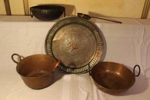 lot 50 image: Antique Copper Cookware Set with Handled Bowls, Tray, and Ladle