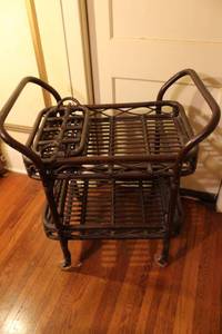 lot 51 image: Vintage Rattan Rolling Bar Cart with Removable Basket