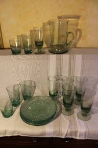 lot 63 image: Green Textured Glassware Set with Pitcher, Plates, and Glasses