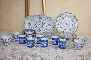 lot A-65 image: Collection of Blue and White Porcelain Tea Cups and Plates with Platters
