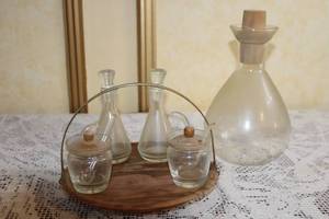 lot 74 image: Vintage Glass Condiment Set with Wooden Tray and Carafe
