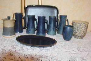 lot 76 image: Handmade Pottery Set with Pitchers, Plates, and Crock