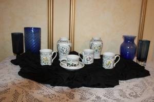 lot 79 image: Set of Portmeirion Botanic Garden Porcelain Mugs, Jars, and Assorted Blue Glass Vases