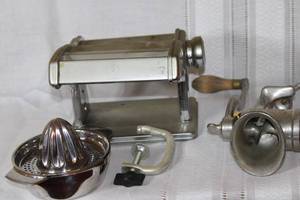 lot 97 image: Collection of Vintage Metal Kitchen Tools including Pasta Maker, Meat Grinder, and Food Slicer