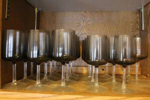 lot 105 image: Set of 16 Vintage Smokey Gray Wine Glasses