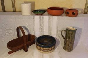 lot 122 image: Collection of Artisan Pottery and Wooden Basket Home Decor Items