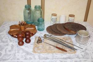 lot 130 image: Assorted Vintage Kitchenware Collection with Teak Serving Set, Mason Jars, and Decor