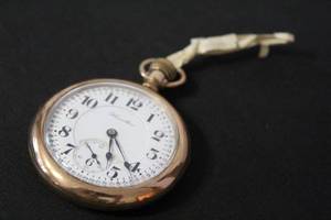 lot A-155 image: Hamilton Pocket Watch with Ornate Case and Wooden Display Stand