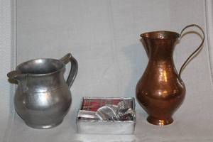 lot 160 image: Collection of Vintage Metal Pitchers, Teapot, and Decorative Gift Box
