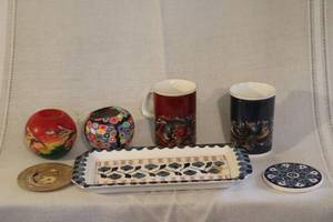 lot 164 image: European Ceramic Tableware Lot Including Mugs, Coasters, Vases, and Tray