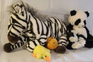 lot 174 image: Collection of 6 Plush Stuffed Animals Including Zebra, Panda, Cat, and Birds