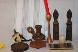 lot 179 image: Collection of Vintage Hand-Carved Wooden Decor and Candle Holders