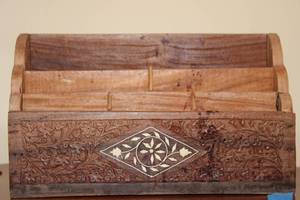 lot 183 image: Wooden Desk Organizer with Floral Carving and Inlay