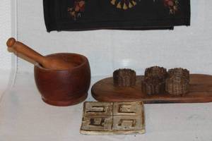 lot 199 image: Collection of Vintage Wooden Mortar and Pestle, Wicker Coasters, Ceramic Tile, and Embroidered Textile