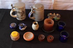 lot 201 image: Collection of Ceramic Steins, Miniature Pottery, and Candle Holders