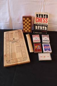 lot 202 image: Vintage Game Set with Cribbage Board, Mini Chess Set, Playing Cards, and Chess Guide Book